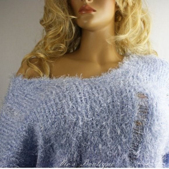 Blue Distressed Eyelash Relaxed Fit V-Neck Off Shoulder Sweater - Picture 9 of 11